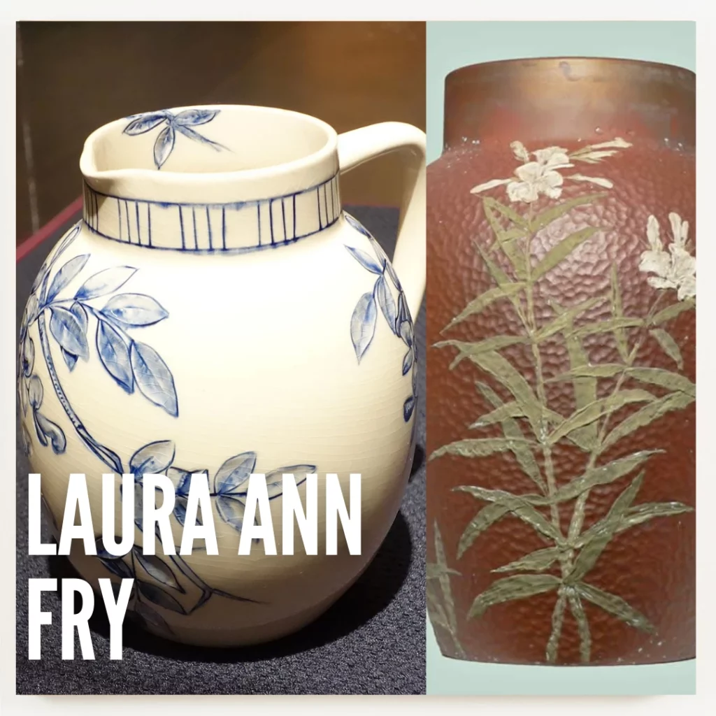 Laura Anne Fry was an American woodcarver, ceramicist, and china painter. Laura Fry was born in 1857, near Lafayette, Indiana. Laura was a ceramic painter and teacher at both Rookwood and Lonhuda Potteries. She got a patent for a mouth-blown atomizer that sprayed colored slip on pottery - Artabys.com
