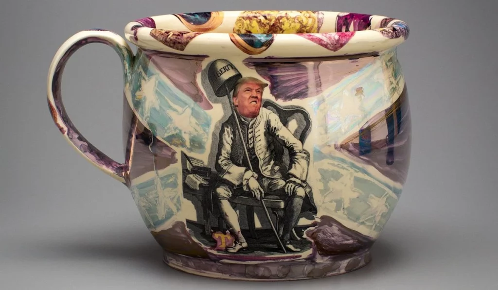 Michelle Erickson - 1858 Prize Finalist - Republican Potty, creamware ceramic cup, wheel thrown with enamel and transfer printed decoration.