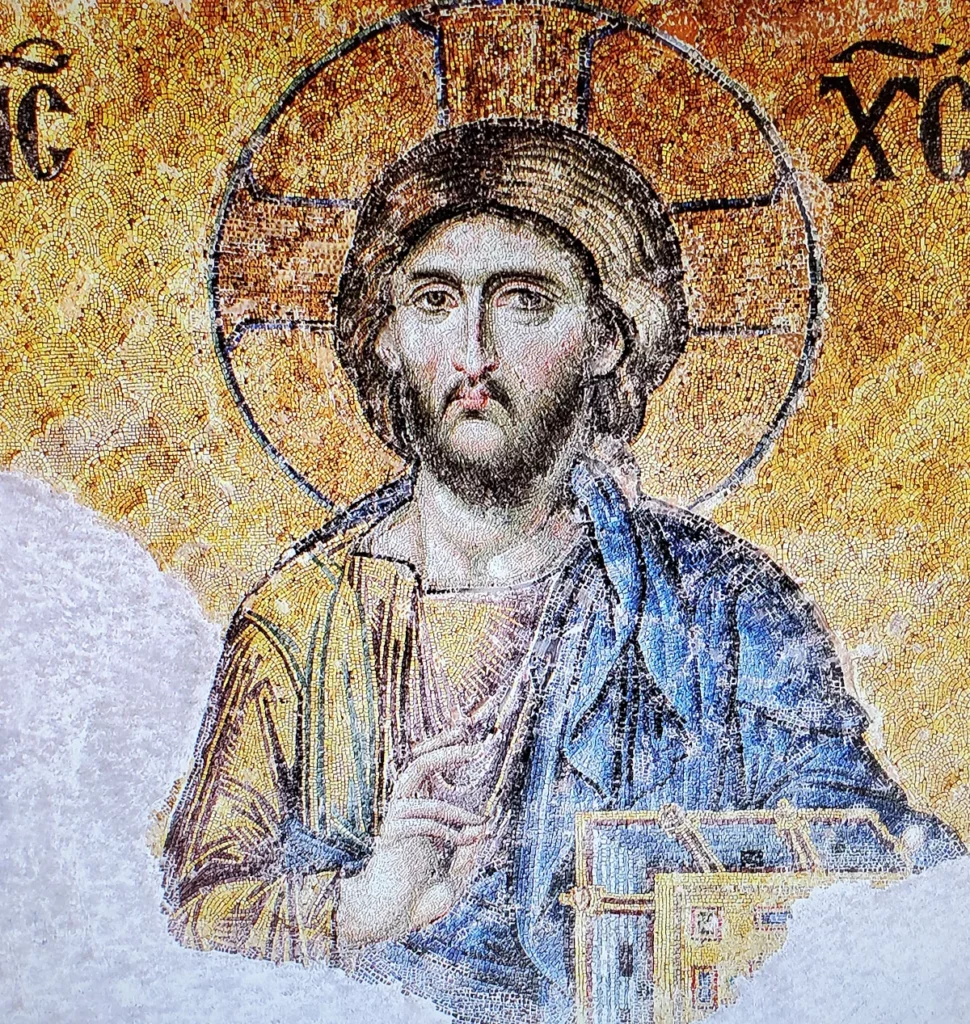 Art from the Byzantine period - The figure of Christ Pantocrator on the top southern gallery walls, flanked by the Virgin Mary and John the Baptist, is one of the most famous of the remaining Byzantine mosaics of the Hagia Sophia in Constantinople, Artabys
