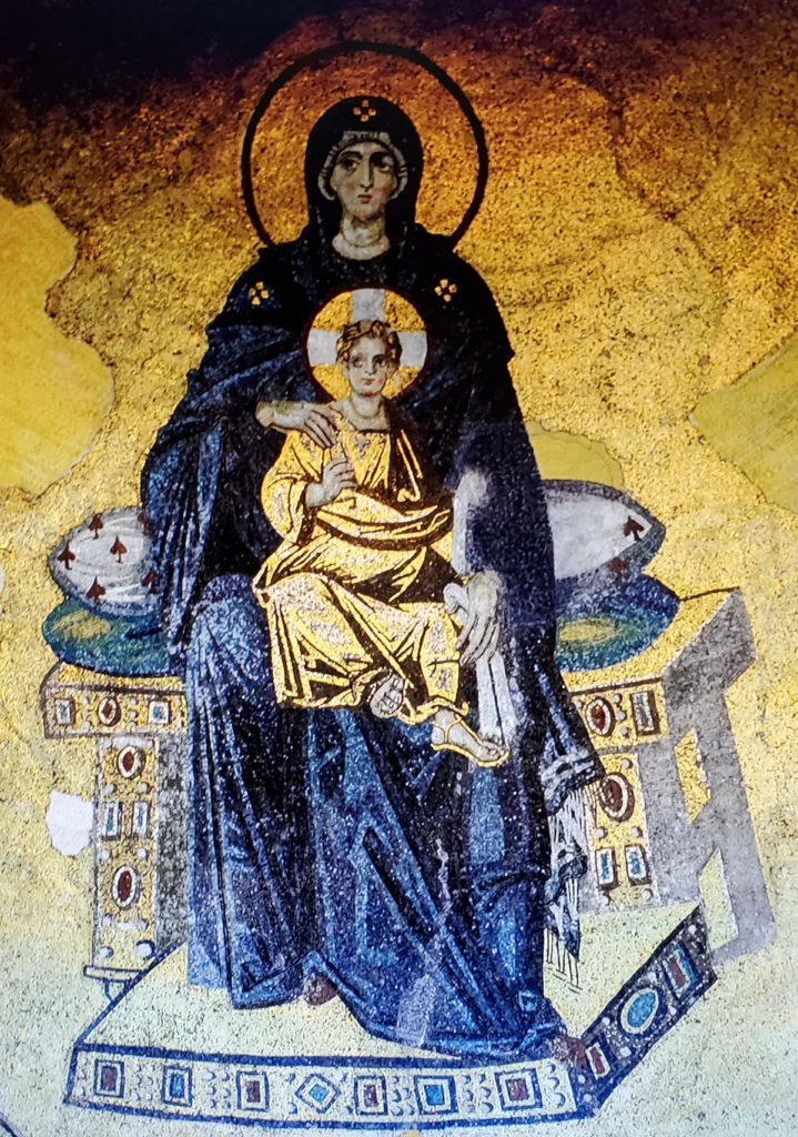A mosaic of the Virgin and Child from the 9th century Byzantine Hagia Sophia, one of the first post-iconoclastic mosaics. It is set against the original 6th century golden background,Artabys