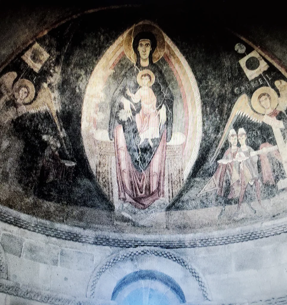 Romanesque art - Master of Pedret, The Virgin and Child in Majesty and the Adoration of the Magi, apse fresco from Tredòs, Val d'Aran, Catalonia, Spain,Artabys.com