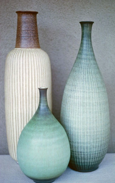 Group of hand-thrown stoneware bottle vases 1962 by Harrison McIntosh