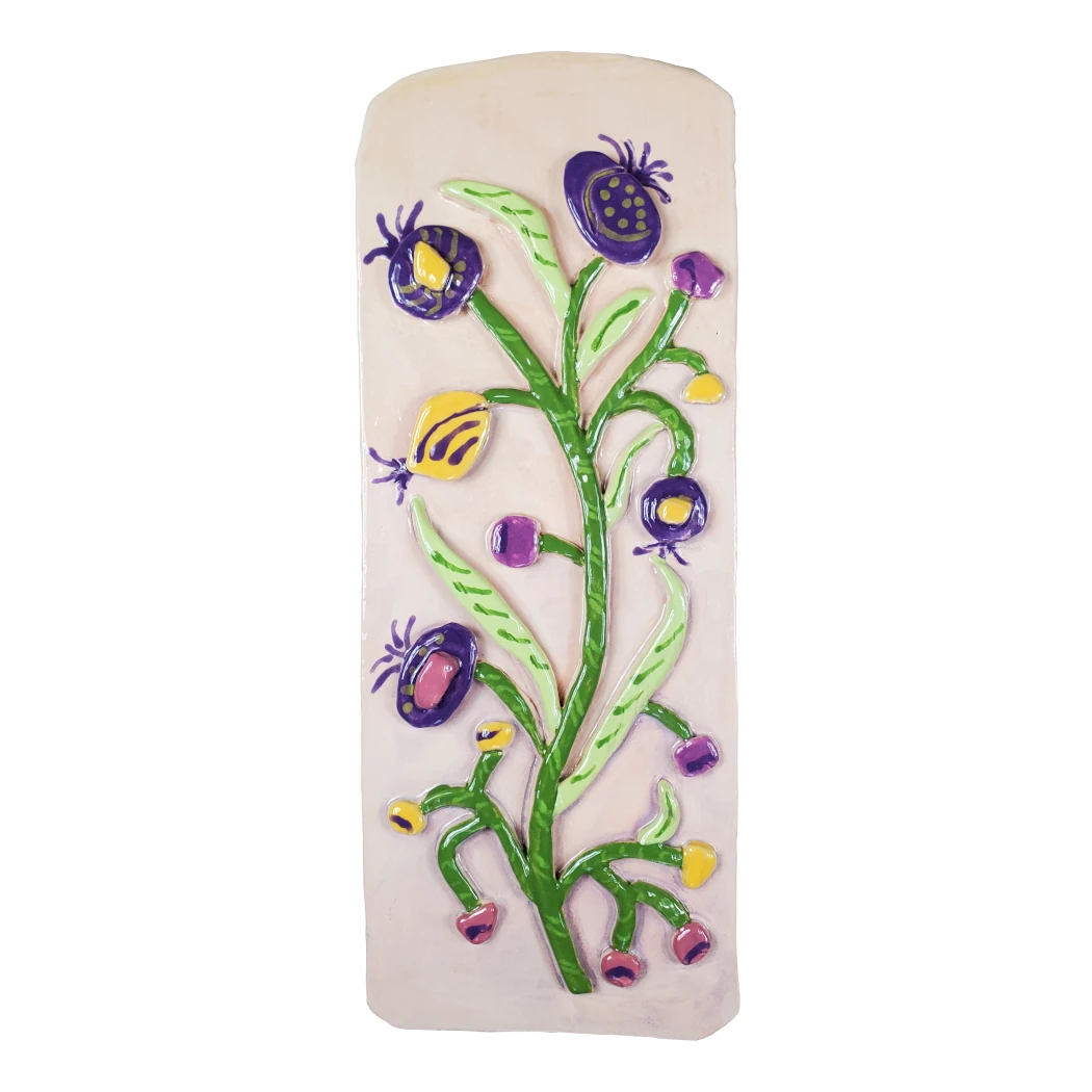 Modern Ceramic Art | Purple And Yellow Flowers Wall Decor