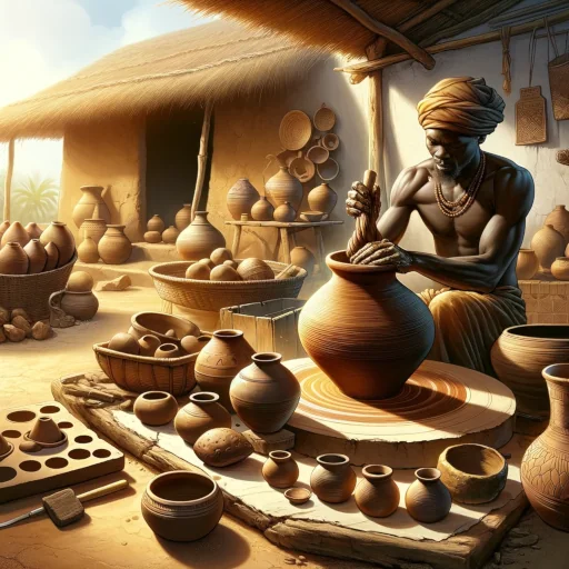 A digital illustration showcasing the ancient art of African pottery. The scene depicts an African potter in the process of creating a traditional pot