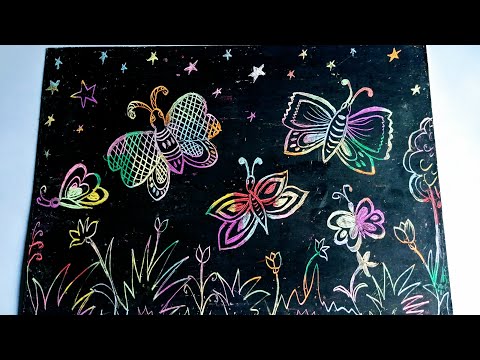 Scratch Art  | Drawing by Scratching Technique with Oil Pastel |Draw Butterflies |Crayon Etching Art