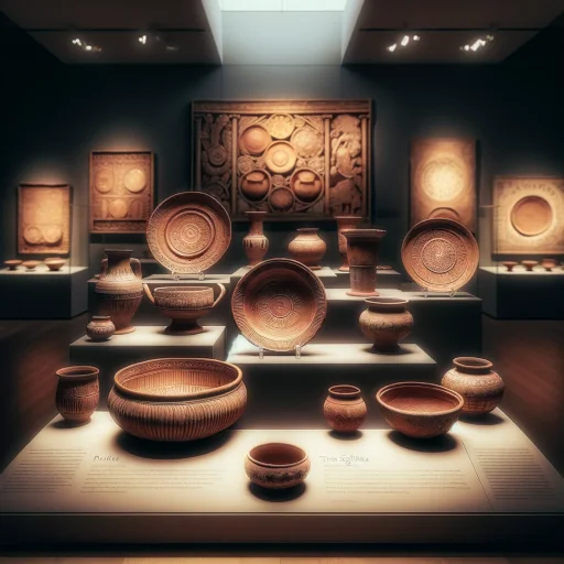 An artistic image of an ancient Roman terra sigillata pottery collection displayed in a museum setting. The collection includes various bowls.