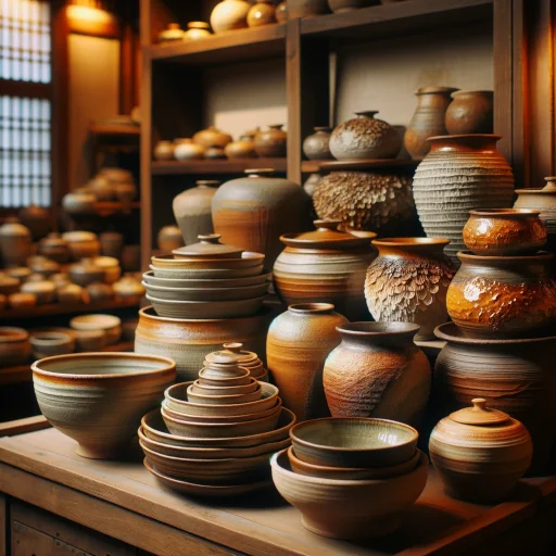 Salt-glazed pottery pieces displayed on a shelf