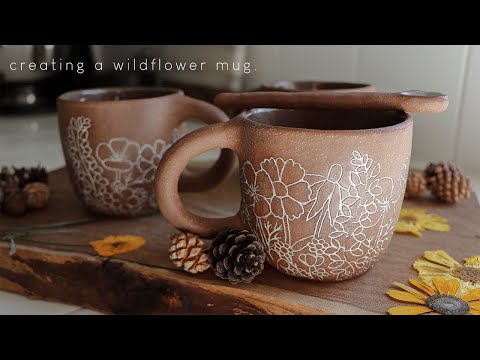 The process of carving, glazing and firing a wildflower ceramic mug at home
