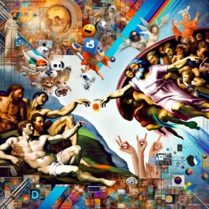 A digital art collage representing the intersection of traditional art and internet memes. The collage includes elements of classical paintings merged