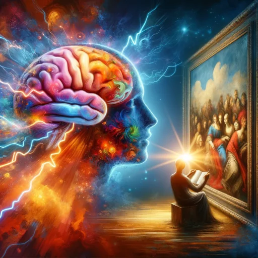 A digital art piece depicting a brain engaging with art, symbolizing the paradox of familiarity and fascination. The brain is shown illuminated