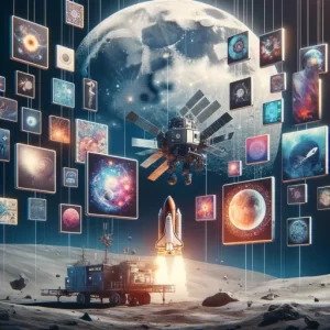 A digital collage representing the Lunar Codex project. The image shows a spacecraft approaching the Moon, surrounded by floating digital frames of art