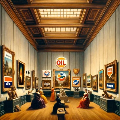 A scene depicting a museum gallery where all the artwork is subtly branded with logos of major oil companies. The gallery has various painting