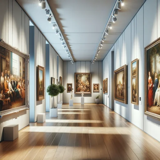 A sophisticated and modern art gallery interior, displaying a mix of traditional and contemporary realism artworks