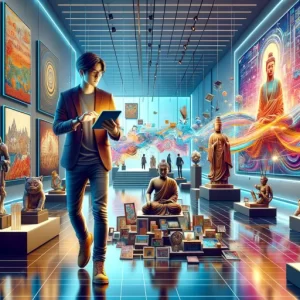 A vibrant digital artwork showcasing a young Asian art collector in a modern art gallery, surrounded by diverse forms of art including digital screens.