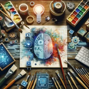 A visual representation of the intersection of AI and human creativity in art. The image depicts an artist's workspace with traditional tools