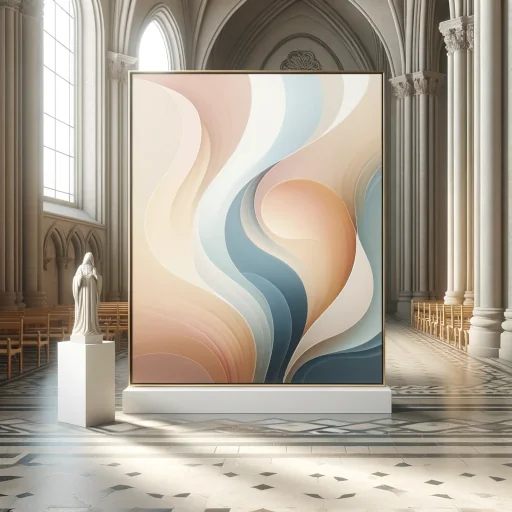An abstract painting placed in a serene, sacred space, such as a church interior. The painting exudes a sense of calm and introspection