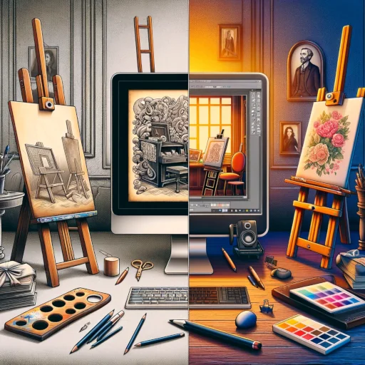 An image symbolizing the contrast between traditional art education and online learning. Visualize a classic art studio with easels and canvases
