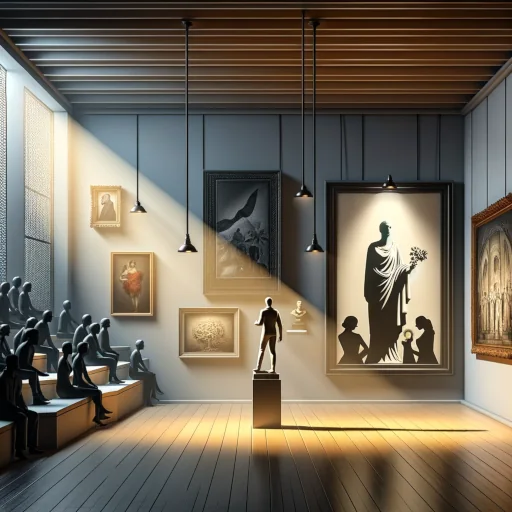 The influence of art institutions on art history - An image symbolizing the influence of art institutions on art history. The scene is a museum gallery with a spotlight on one art while others are ignored