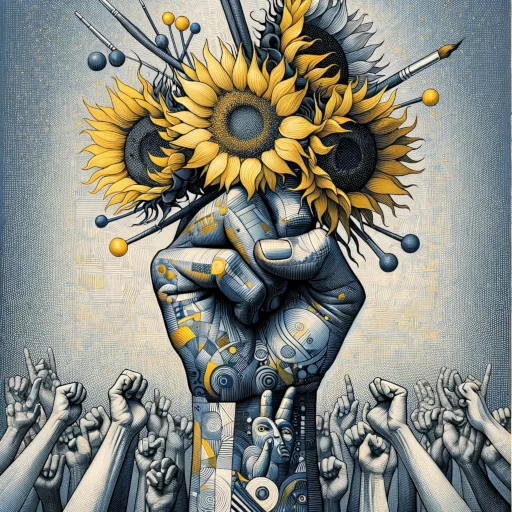 The protest against Van Gogh's Sunflowers painting - A symbolic representation of the protest against Van Gogh's Sunflowers painting. Capture the essence of art's impact on society