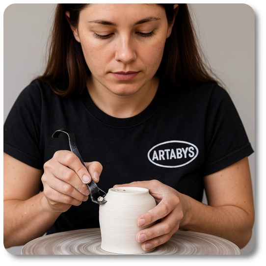 A young female potter wearing a black ARTABYS T-shirt trims the base of a small white clay pot on a pottery wheel using a metal loop tool, focusing intently during the process in a softly lit studio setting.