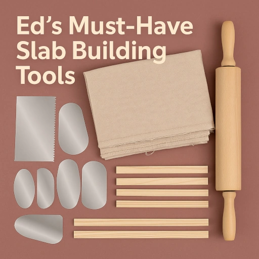 Ed's Must-Have Slab Tools - A square hero image showcasing essential slab-building tools including a set of flexible metal pottery ribs and a rolling pin with canvas and wooden guide sticks. Text overlay reads “Ed’s Must-Have Slab Building Tools” in Artabys brand colors (ebd0c0, 957869, 5b4841). Designed for ceramic artists and potters.
