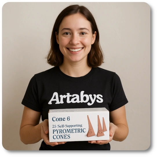 A young female ceramic artist wearing a black ARTABYS T-shirt smiles while holding a slightly smaller box of Orton Self-Supporting Pyrometric Cones, standing in a well-lit pottery studio.