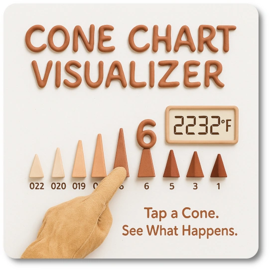 A promotional graphic for the Cone Chart Visualizer featuring a row of ceramic pyrometric cones in varying colors arranged by firing temperature, with a potter's gloved hand pointing at Cone 6 and a digital readout displaying 2232°F. Bold clay-text typography spells out 'Tap a Cone. See What Happens.' on a clean white background accented with Artabys brand colors.